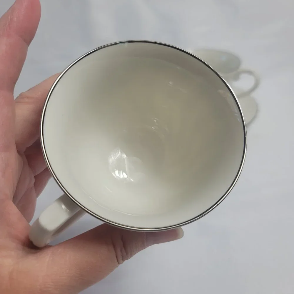 TWO Syracuse China Wedding Ring Cup & Saucer Sets White with Platinum Trim